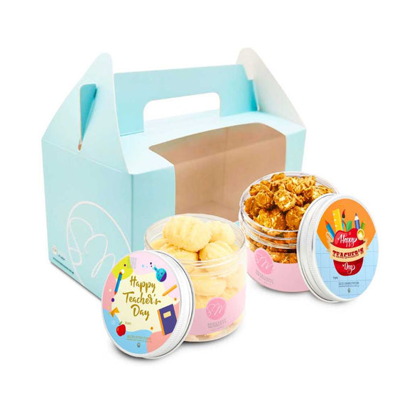 Sweetest Moments Best Teacher Ever! Gift Set B: Melting Butter Cookies + Salted Caramel Popcorn in Blue Box