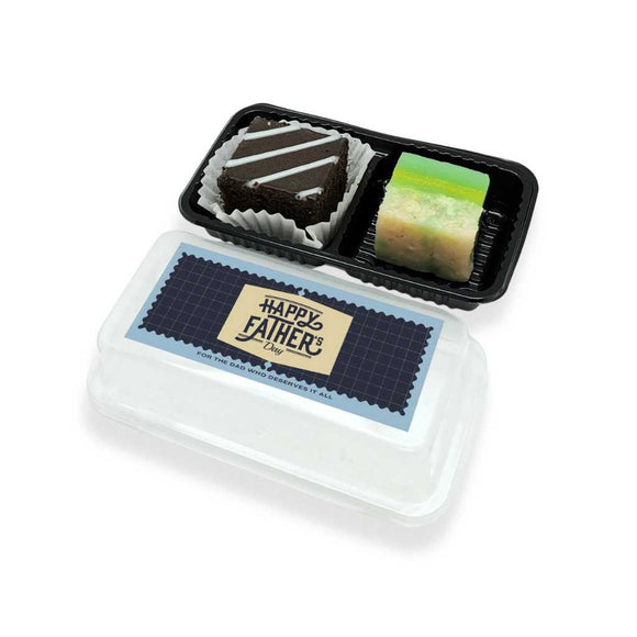 Twin pack pastries inclusive of brownie and kueh salat with a customised label on a white background