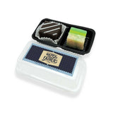 Twin pack pastries inclusive of brownie and kueh salat with a customised label on a white background