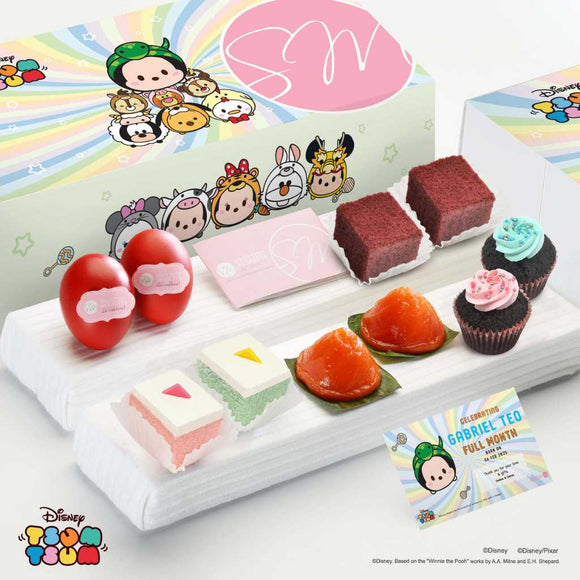 FA16 Classic Bliss Full Month 100 Days Disney Tsum Tsum Year of the Snake gift set with Ang Ku Kueh, Red Eggs, Red Velvet Cubes, Pastel Cubes, Mini Cupcakes and Personalised Babycard from Sweetest Moments Singapore