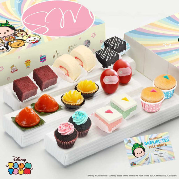 PF02 Premium Grandeur Full Month 100 Days Disney Tsum Tsum Year of the Snake gift set with Ang Ku Kueh, Red Eggs, Swiss Rolls, Pastel Cubes, Peach Tarts, Red Velvet Cubes, Mini Muffins, Mini Cupcakes, Brownies and Personalised Babycard from Sweetest Moments Singapore
