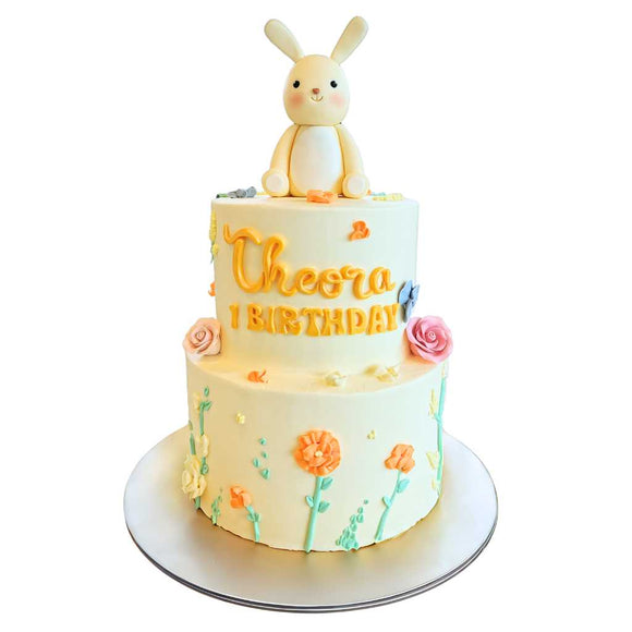 2 tier cake, birthday cake, first birthday, full month, bunny, miffy, rabbit, 100 days, baby cake, singapore, flowers, cute