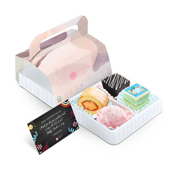 Sweetest Moments Teacher Appreciation Pack: Swiss Roll, Brownie, Mochi, Pastel Cube with Teacher's Day Edible Print, Personalised Card