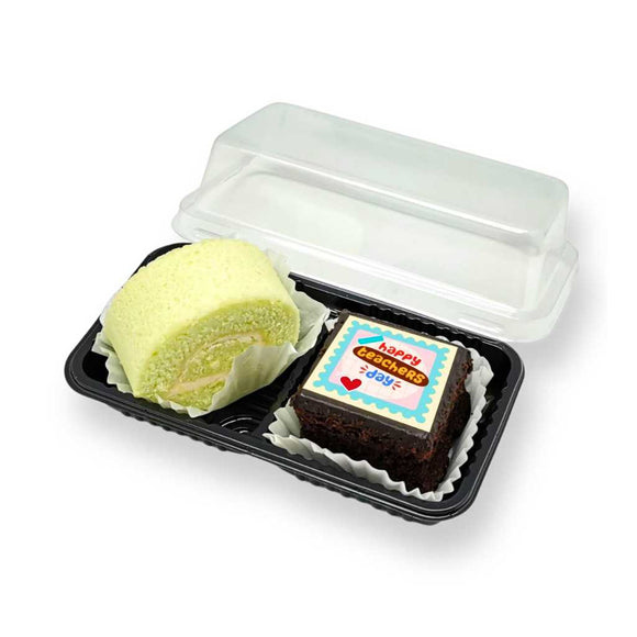 Teachers' Day Twin Pastry inclusive of Pandan Gula Melaka Swiss Roll and Brownie with edible print for Teachers' Day celebrations by Sweetest Moments Singapore.