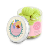 Jar of pandan cookies with a decorative lid featuring text and graphics on a white background