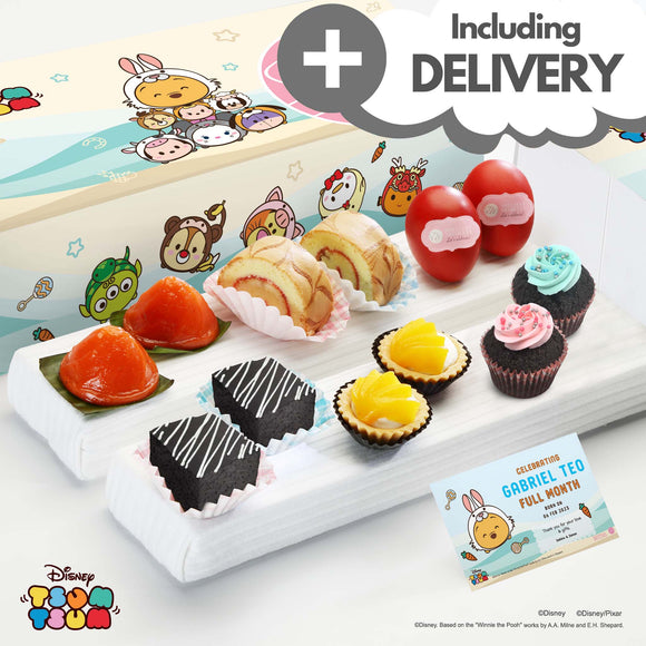 Sweetest Moments FA15D Classic Elite with Doorstep Delivery Baby Full Month or 100 Days Tsum Tsum Bunny Package with Boy Card - Ang Ku Kuehs, Swiss Rolls, Goodluck Red Eggs, Brownies, Peach Tarts, Mini Cupcakes