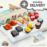 Sweetest Moments FA15D Classic Elite with Doorstep Delivery Baby Full Month or 100 Days Tsum Tsum Bunny Package with Boy Card - Ang Ku Kuehs, Swiss Rolls, Goodluck Red Eggs, Brownies, Peach Tarts, Mini Cupcakes