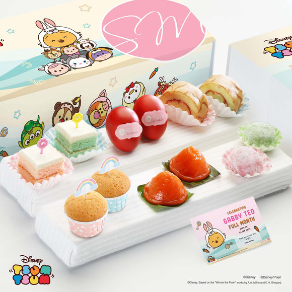 Sweetest Moments FA17 Classic Abundance Full Month Package Tsum Tsum Bunny with Tsum Tsum Girl Card - Pastel Cubes, Goodluck Red Eggs, Swiss Rolls, Muffins, Ang Ku Kuehs, Mochi