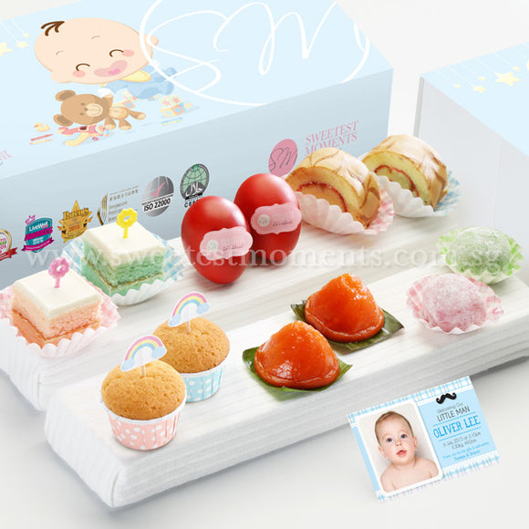 FA17 Classic Abundance Full Month 100 Days gift set with Ang Ku Kueh, Red Eggs, Swiss Rolls, Mochi, Pastel Cubes, Mini Muffins and Personalised Babycard from Sweetest Moments Singapore