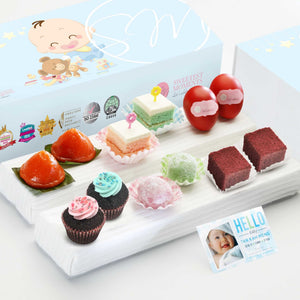 Sweetest Moments FA13 Classic Dainty Full Month Package Tsum Tsum Bunny with Tsum Tsum Boy Card - Ang Ku Kueh, Pastel Cubes, Goodluck Red Eggs, Mini Cupcakes, Mochi, Red Velvet Cubes