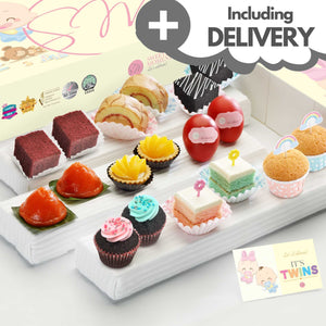 Sweetest Moments PF02D Premium Grandeur with Doorstep Delivery Full Month or 100 Days Package Tsum Tsum Bunny with Printed Card - Red Velvet Cubes, Swiss Rolls, Brownies, Ang Ku KUehs, Peach Tarts, Goodluck Red Eggs, Mini Cupcakes, Pastel Cubes, Muffins