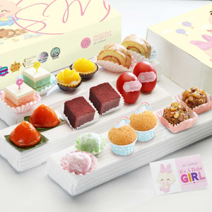 Sweetest Moments PF01 Premium Finest Baby Full Month or 100 Days Tsum Tsum Bunny Package with Boy Card - Pastel Cubes, Peach Tarts, Swiss Rolls, Ang Ku Kuehs, Red Velvet Cubes, Goodluck Red Eggs, Mochi, Muffins, Glutinous Rice