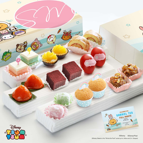 Sweetest Moments PF01 Premium Finest Baby Full Month or 100 Days Tsum Tsum Bunny Package with Boy Card - Pastel Cubes, Peach Tarts, Swiss Rolls, Ang Ku Kuehs, Red Velvet Cubes, Goodluck Red Eggs, Mochi, Muffins, Glutinous Rice