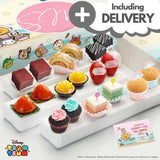Sweetest Moments PF02D Premium Grandeur with Doorstep Delivery Full Month or 100 Days Package Tsum Tsum Bunny with Printed Card - Red Velvet Cubes, Swiss Rolls, Brownies, Ang Ku KUehs, Peach Tarts, Goodluck Red Eggs, Mini Cupcakes, Pastel Cubes, Muffins
