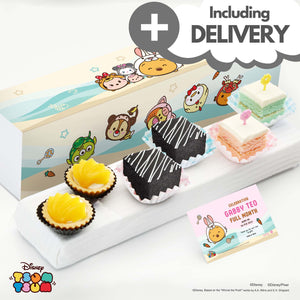 Sweetest Moments PP06D Favours De Petit with Doorstep Delivery Baby Full Month or 100 Days Tsum Tsum Bunny Package with Printed Boy Card - Peach Tarts, Brownies, Pastel Cubes
